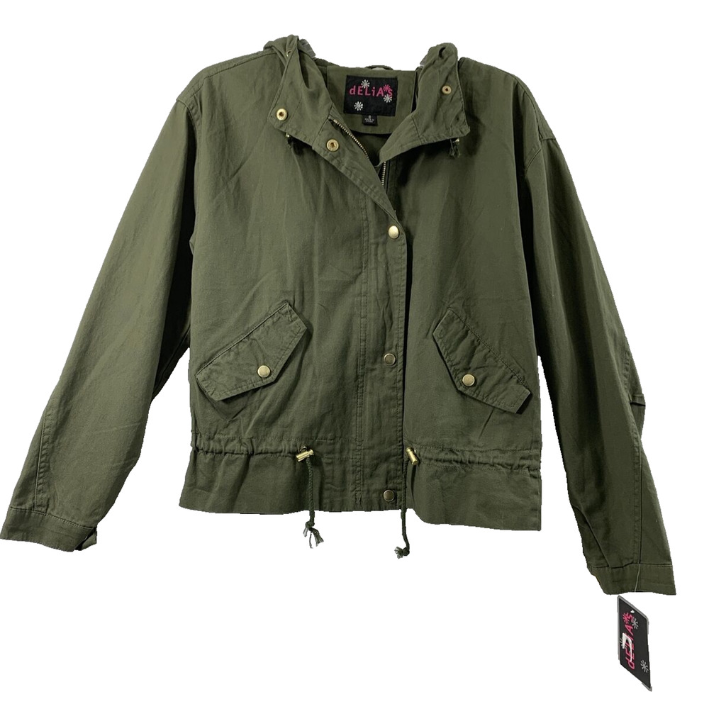 Delia's Jacket Womens Small‎ Military Green Hooded Zip Up Snap Drawstring NWT